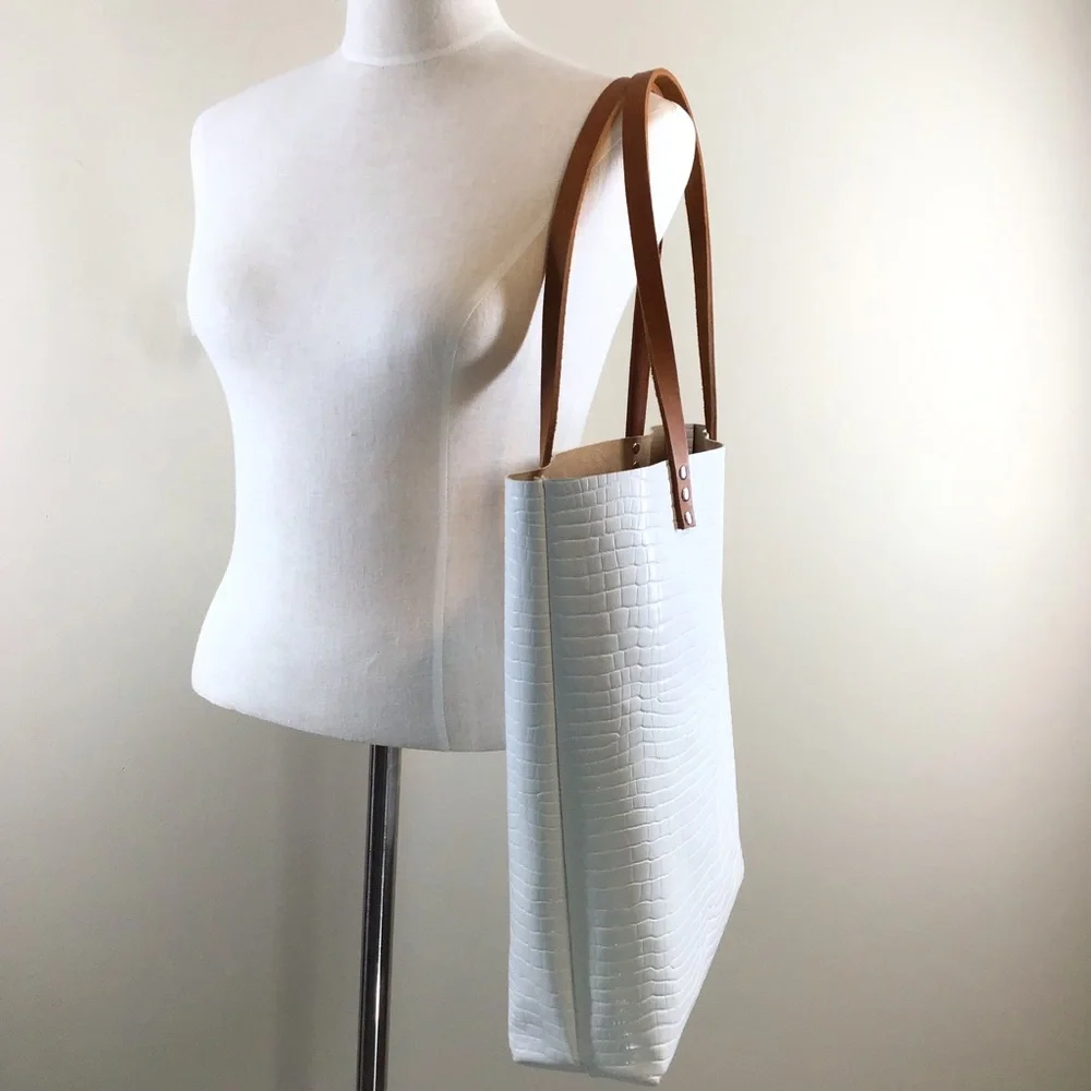 New Handmade croc embossed white leather large unlined tote shoulder handbag